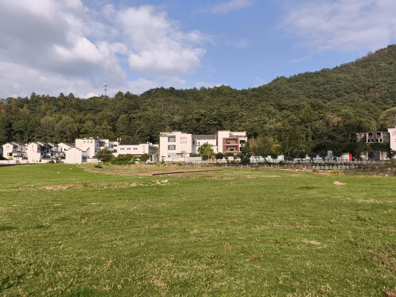 山脚下的一排白墙房屋与大片草地